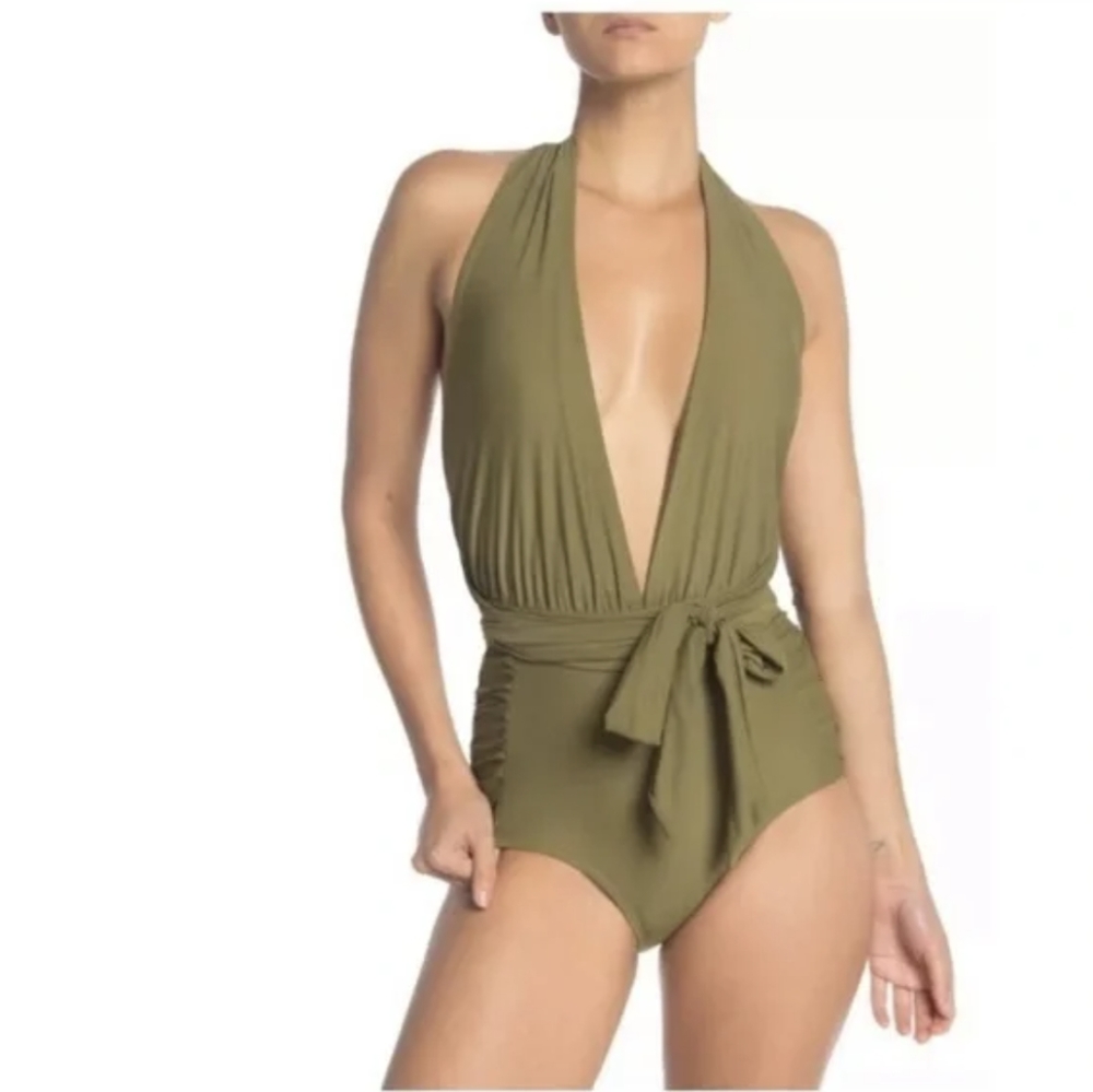 NWH Nicole Miller Convertible Swimsuit with Side Ruching (Olive Green. medium)